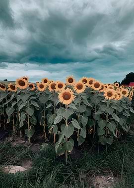 Sunflower Field Under Stormy Sky