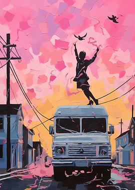 Person on Van with Birds