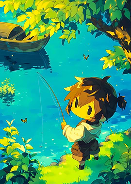 Child fishing by a serene lake