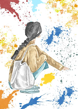 Girl with a bag amidst paint splatters