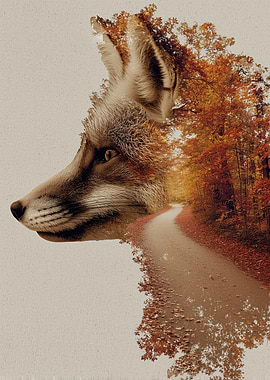 Double Exposure Fox in Autumn Forest