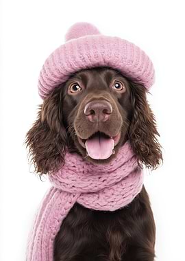Cozy Boykin Spaniel Dog Wearing Pink Winter Hat and Scarf
