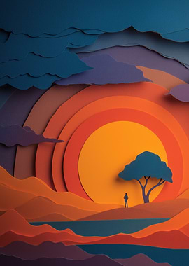 Paper Cutout Sunset Landscape