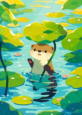 Cute Otter Under Lotus Leaf