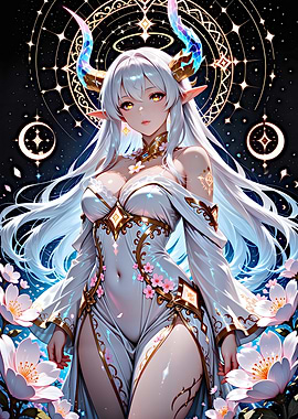 Anime Elf Girl with Horns and Flowers