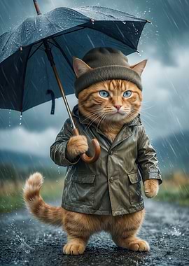 Cat in Raincoat with Umbrella