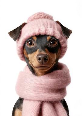 Cozy Miniature Pinscher Dog in Pink Winter Hat and Scarf