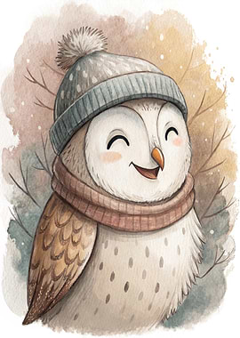 Cute Owl Wearing Winter Hat and Scarf