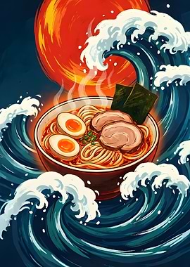 Ramen Bowl Amidst Crashing Waves