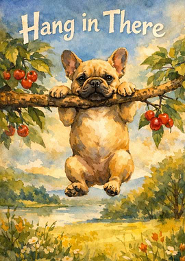French Bulldog Funny Hangs on Tree Branch