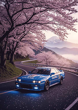 Blue Calsonic Skyline GT-R with Mount Fuji