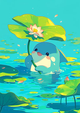 Cute Dolphin Holding Lotus Leaf Umbrella