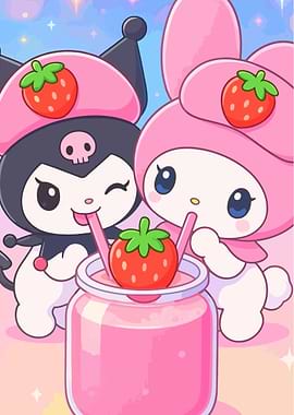 Kuromi and My Melody Drinking Strawberry Smoothie