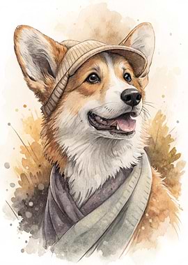 Corgi Dog Wearing a Hat and Scarf