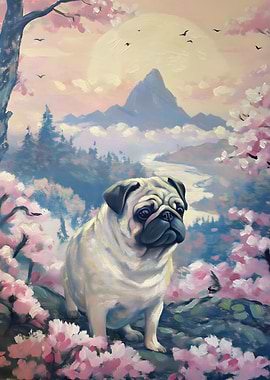 Pug in a Cherry Blossom Landscape