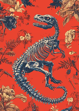 Dinosaur Skeleton with Floral Background