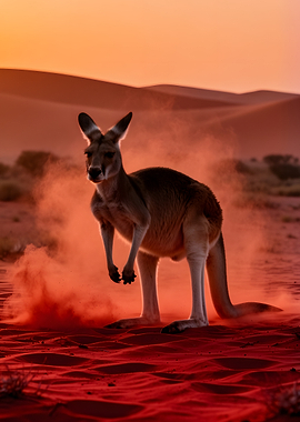 Kangaroo kicking up red dust at sunset