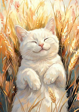 Happy White Cat in Wheat Field