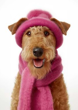 Cozy Airedale Terrier Dog Wearing Pink Hat and Scarf