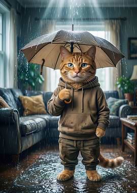Cat with Umbrella in Rain