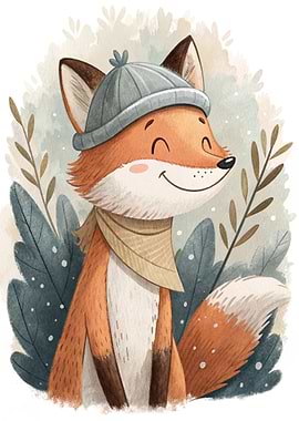 Cute Fox in Winter Hat and Scarf
