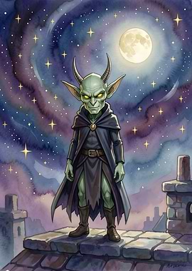 Goblin Standing on Rooftop Under Starry Sky