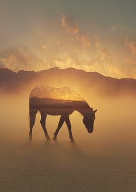 Double exposure horse in desert sunset