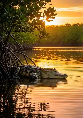 Alligator in Mangrove Sunset