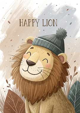 Happy Lion Wearing a Beanie