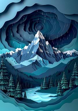 Paper Cutout Mountain Landscape with River