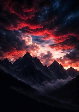 Dramatic Mountain Peaks Sunset with Fiery Clouds