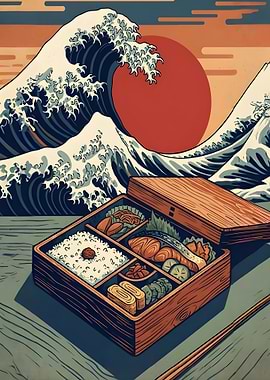 Bento Box with Great Wave Background