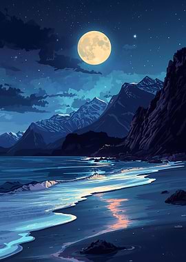 Moonlit Mountain Beach Scene