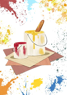 Paint Cans and Brush with Splatters