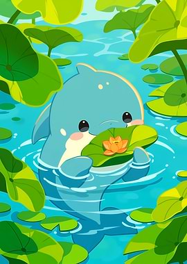 Cute Dolphin with Lotus Flower