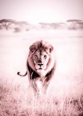 Majestic Lion Walking Through Tall Grass