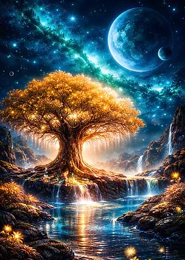 Enchanted Cosmic Tree and Waterfalls