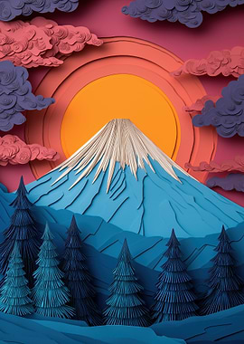 Papercraft Mount Fuji at Sunset