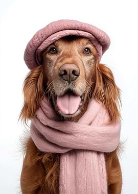 Cozy Irish Setter Dog Wearing Pink Scarf and Beret