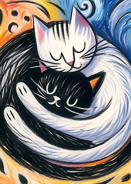 Black Cat and White Cat Curled Up