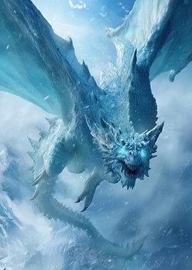 Ice Dragon in Snowy Sky