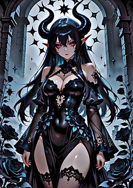 Gothic Demon Girl with Black Roses