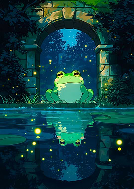 Cute Frog by a Pond at Night