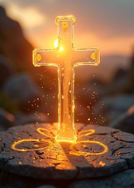Glowing Cross on Stone Altar