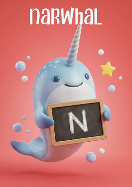 Cute Narwhal Holding a Board Letter N