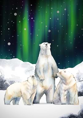 Polar Bears Under Aurora Borealis