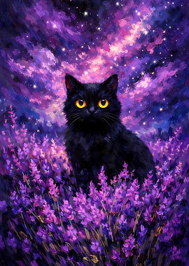 Black Cat in Lavender Field Under Starry Sky