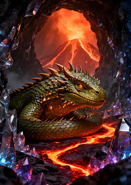 Dragon in a Crystal Cave with Volcano