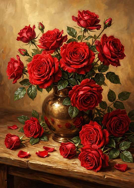 Elegant Crimson Roses in Vintage Gold Vase