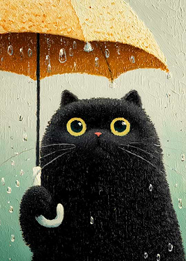 Black Cat Under Yellow Umbrella in Rain